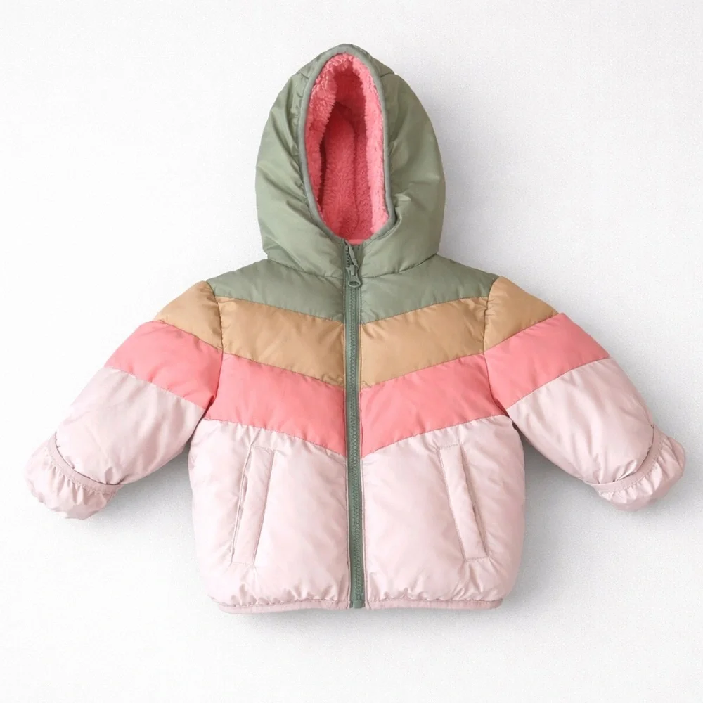 Swiss Tech Baby Girls 12M Colorblock Puffer Jacket Fleece Lined Hooded Snow Cozy
